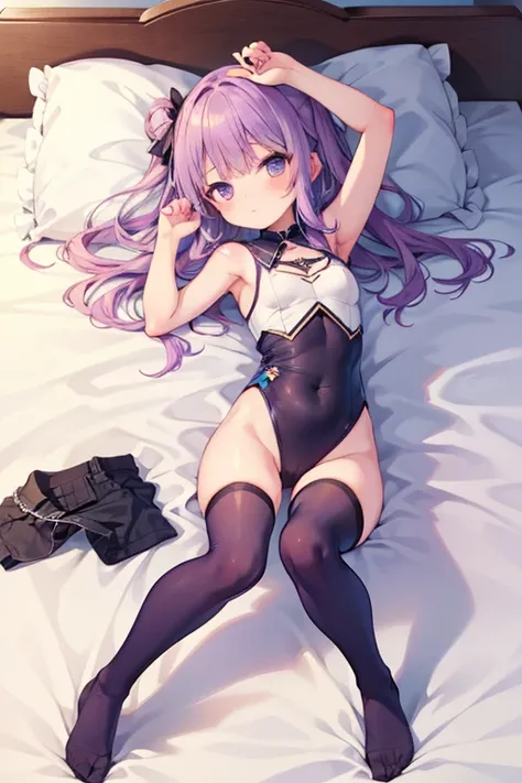 Cute girl wearing tight purple sleeveless leotard, erotic, frontal view, looking at you, laying on white bed, full body 