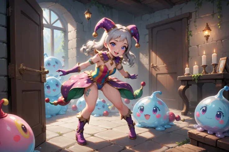 A gorgeous enchantress (cute, age 20, sexy small jester outfit, arcane tattoos, matching gloves, matching boots, platinum hair), struggle for her life in front of an an arcane door in a dungeon, the door has an intricate puzzle, tentacle slime beast restra...