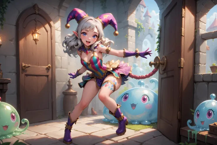 A gorgeous enchantress (cute, age 20, sexy small jester outfit, arcane tattoos, matching gloves, matching boots, platinum hair), struggle for her life in front of an an arcane door in a dungeon, the door has an intricate puzzle, tentacle slime beast restra...