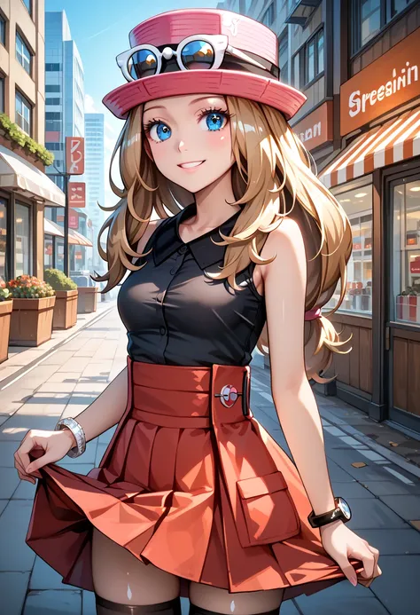 1girl, contrapposto, skirt lift, facing viewer, from front, BREAK zzSerena, solo, long hair, blue eyes, eyewear on headwear, pink headwear, eyelashes, sleeveless shirt, black shirt, bracelet, high-waist skirt, red skirt, black thighhighs, small breasts, sm...