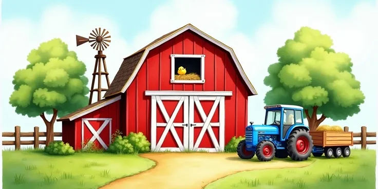  Watercolor illustration of an enchanting farm .  Classic red barn with white 'X' doors ,  hay visible in the upper window and a small chick on the roof. next to,  a wooden windmill and a rustic fence .  Green trees surround the landscape ,  with a soft bl...