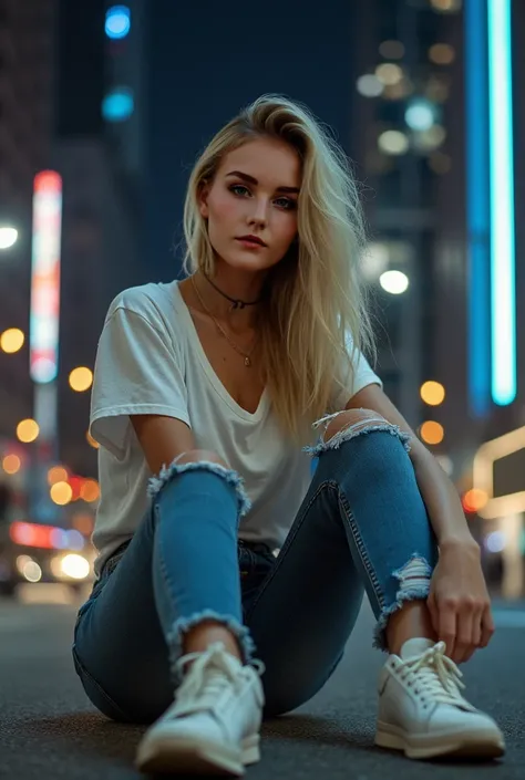 a very beautiful blonde girl, gray-eyed,  sitting sexily on the street in a city with skyscrapers ,  at night, dressed in ripped jeans ,  white urban sneakers and a white urban t-shirt attached to the body,  ultra realistic ,  ultra Detailed , 