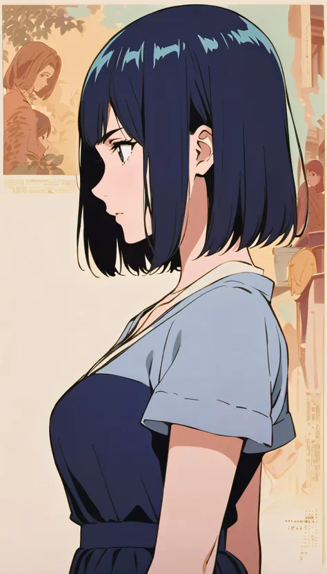 vintage movie, girl, short hair, navy hair, straight hair, woman body, in profile, kunoichi, strong, smart, cute
