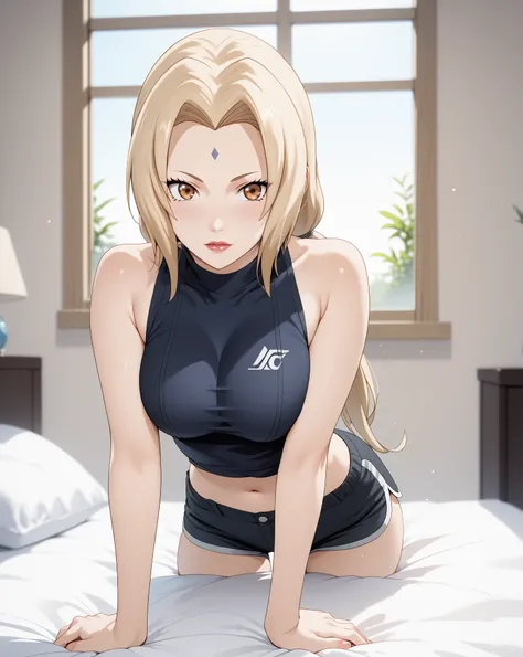 Masterpiece, extremely detailed,4k,solo, 1girl,tsunade, beauty anime face, full body, prone position,perfect slim body , bright body skin, thin lips,perfect slim body, extra large breasts,black outfit,sexy short pants,sleeveless, ((Front look)),looking at ...