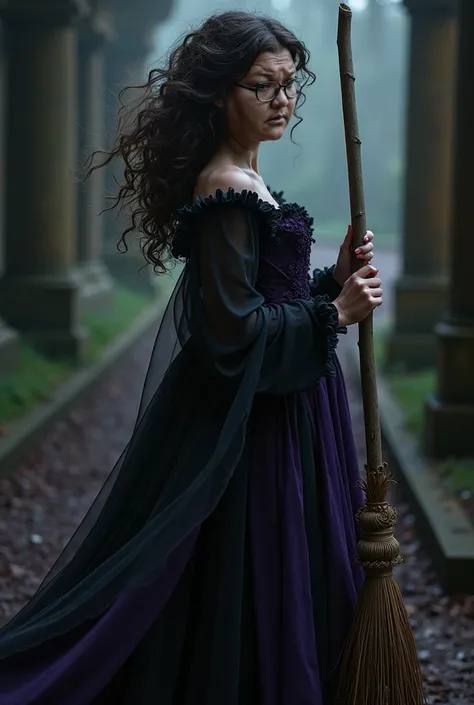  delicate face , curly hair ,holding a broom in a black and purple dress 