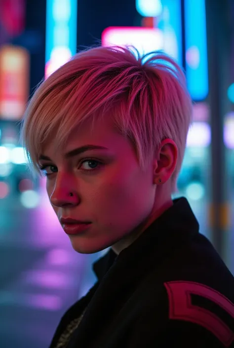 In a neon-drenched cyberpunk cityscape, a strikingly enigmatic blonde woman with a pixie haircut commands attention. Her hair shimmers with digital highlights, contrasting sharply with the city's gritty backdrop. This stunning portrait, perhaps a Leica pho...