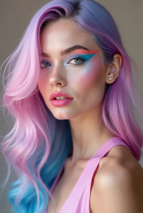 Ultra-realistic beauty portrait of a young woman with striking multicolored hair in cotton candy shades, featuring a mesmerizing blend of pastel pink, vibrant fuchsia, electric blue, and soft lavender tones. Her hair is styled in elegant, flowing waves tha...