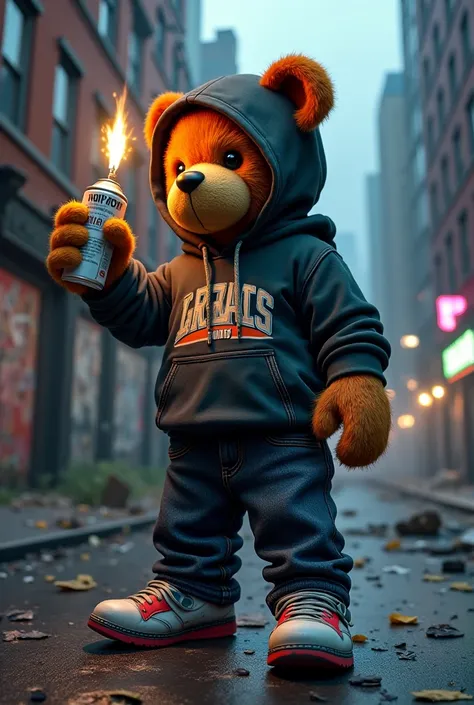 A teddy bear dressed in street wear holding spray paint on the streets of New York in the dark apocalyptic night 