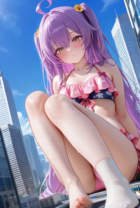 A giantess looks all over the city without shoes in a swimsuit