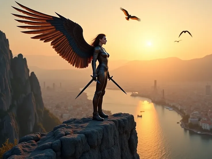 Woman standing on high rock in iron suit in hands holding daggers has eagle wings stands and looks down at bottom you can see rocks between rocks river and city you can see flying birds in the distance sun