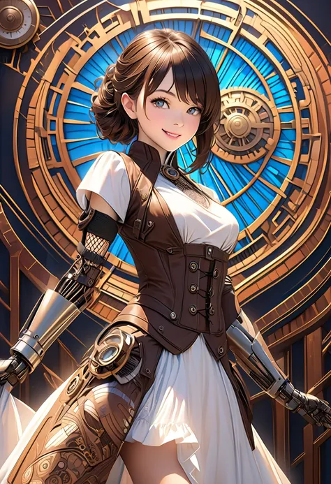  smiling girl wearing a bionic arm in steampunk fashion, Ultra high resolution work shot with photorealistic and beautiful lighting. This masterpiece is of the highest quality、It is set on a zentangle abstract background (Weighting 1.4).