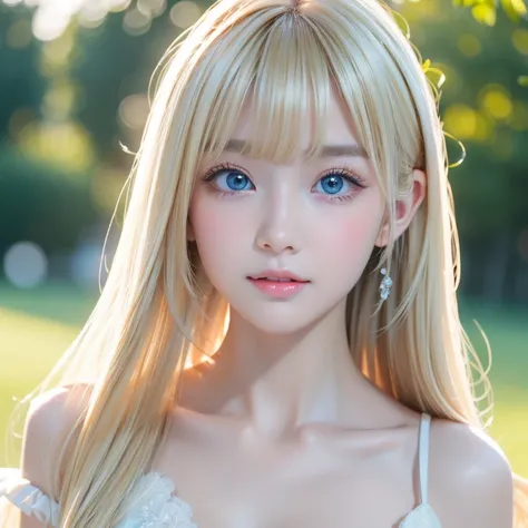 A  beautiful beautiful girl with a very beautiful radiant luster and bright platinum blonde、 cute,Crazy for love, Face focus , Frilled Summer Dress, 北欧の明るい白人 blondeの女の子, 超長い明るく輝く超長い blonde、 low contrast,  having cleavage ,   hair scrunchies ,   best qualit...