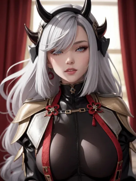 1 girl, Alone , red theme, looking at the spectator, Big breasts,retrato,bad girl,((  mature women )),( masterpiece:1.4),( best quality:1.4),( shiny skin),
  Black silver armor complete with details, Guastes black dark helmet with horns  