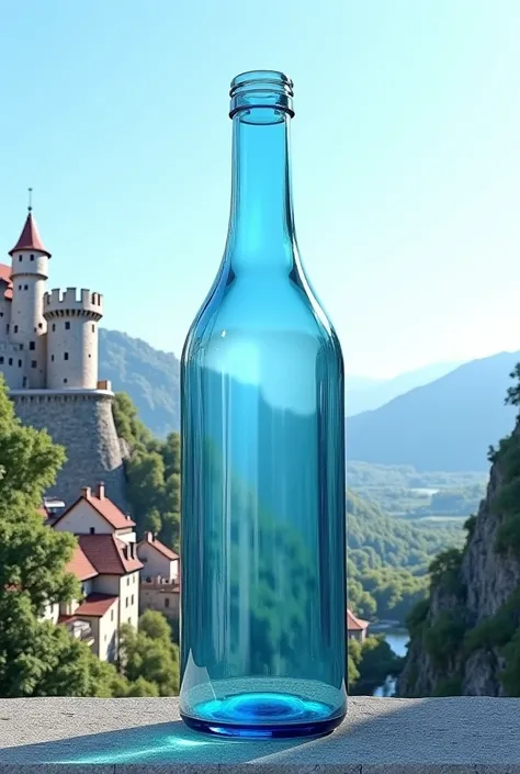 Solid color light blue background of a large bay glass bottle .  the glass bottle inside a medieval castle and village in the valley in photorealistic style.