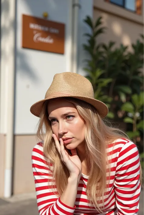 A realistic outdoor portrait of a woman with long hair in a casual and introspective pose, exuding a caim and relaxed mood. Captured in the afternoon with strong natural light after midday, casting hard shadows and defined contrasts. Taken at eye level usi...