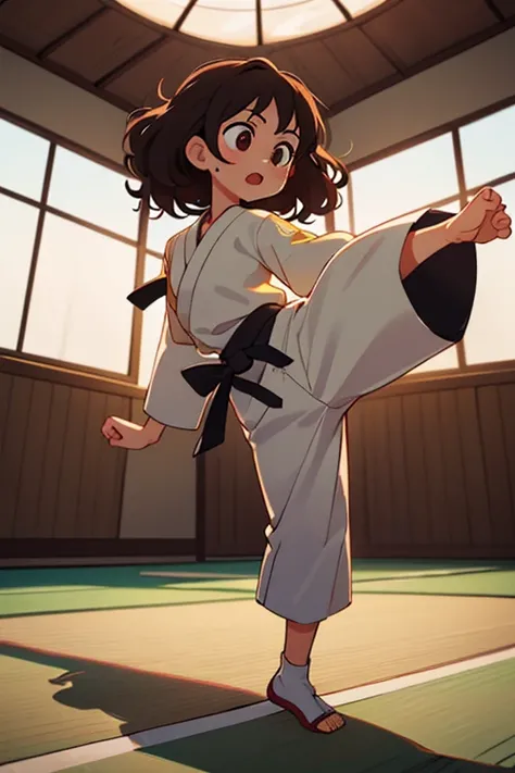 An   girl with straight brown hair, round brown eyes, and tan skin, she is practicing karate inside a spacious and well-lit dome. She wears a white karategi with an orange belt and is performing a high kick with great skill and focus. Beside her, her sense...