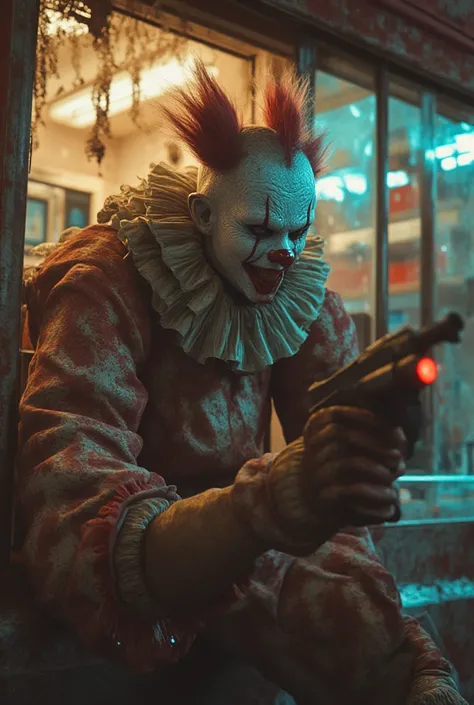 Evil clown with undercut shaved sides hair riding around in a ice cream truck with Mini gun's melted on the sides amazing detail realistic 3D real character style extremely detailed high quality hyper realistic 