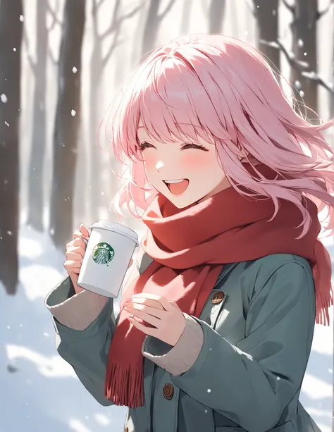 using the same woman from this task id ct7ptt5e878c73erlg1g, 1girl, pink hair, happiness/joy, cheerful, Passing a coffee cup, no handle of the cup, school uniform, sweater，Big red scarf, snow woods, Slightly fluffy，Spontaneous and natural，Pastel color，Refl...