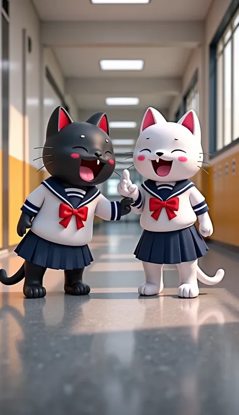  Two anthropomorphic kittens , a black one and a white one ,  standing in a school corridor , laughing and pointing to .  They wear matching Japanese school uniforms , con gonne blu navy,  white shirts and red bows .  The black kitten laughs with its mouth...