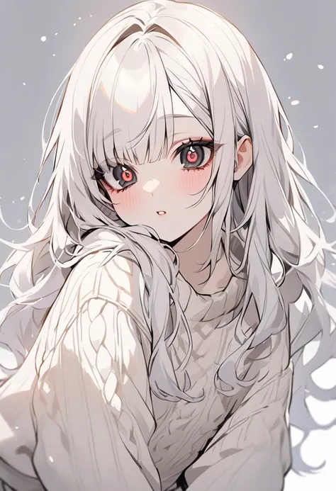 solo, beauty, 1 girl, long hair, messy bangs hairstyle,white color hair, black eyes with X pupils, wearing cream warm knit sweater with a botton bow , white shirt talls showing under sweater, white pants