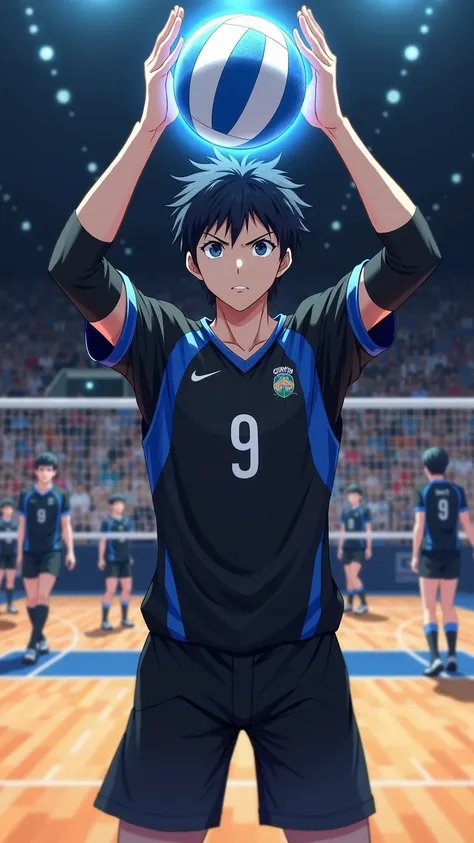 An ultra-detailed and high-resolution anime-style illustration inspired by Haikyuu!!, featuring Tobio Kageyama in a dramatic and action-packed moment during a volleyball match. Kageyama is depicted with his signature jet-black hair, sharp bangs framing his...