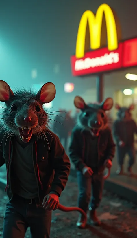 Many young people with rat heads,  corroding toward McDonalds. They are desperately hungry. The colors in the image are vivid and flashy in a nighttime tone 