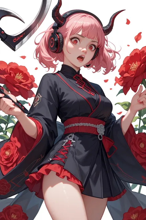 woman,  Cruel expression , Shock-red eyes ,  black-pink hair ,  Manga Vagabund style ,  obsidian neon threads ,  headphones ears small horns,  dark transparent background ,  posture holding Black Sickle ,  black kimono red flowers ,(Ultra-detailed ), Show ...