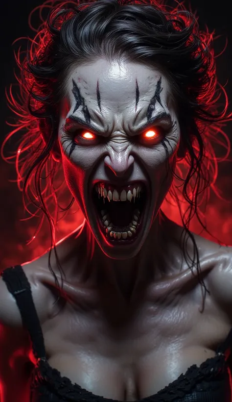 An ultra-realistic depiction of a furious woman in 4K detail, her face contorted with rage as she bares her razor-sharp teeth. Her glowing, predatory eyes burn with intensity, framed by wild, disheveled hair that cascades down her shoulders. The veins on h...