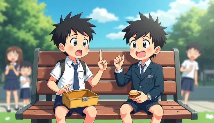 "An anime-style illustration capturing a humorous moment in a schoolyard. Aryan, a  boy in a school uniform, sits on a bench with an empty lunchbox, looking surprised and exasperated. Next to him, Arif grins mischievously, holding the last bite of a sandwi...