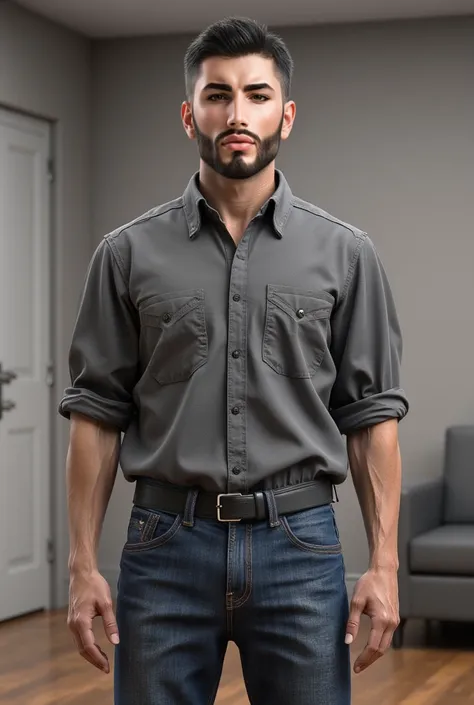  A middle aged man in a gray shirt, short black hair and jeans standing in a room,  second-life avatar .