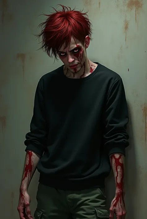  cherry has dark red hair and a bit mismatched, She wears a black sweatshirt and green cargo pants .  on her arms is full of burns and cuts, His eyes are as red as his hair and he is male 