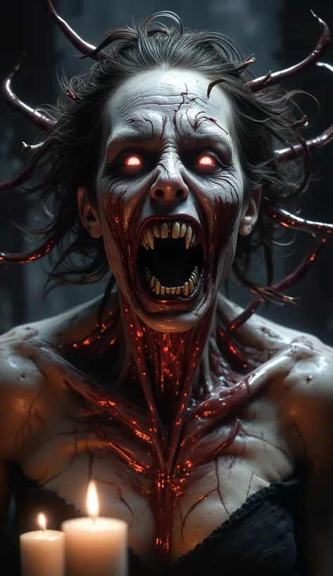 An ultra-realistic depiction of a possessed woman in 4K detail, her twisted expression frozen between torment and malevolence. Her pale, cracked skin is marked with dark, vein-like tendrils that spread across her face, glowing faintly with an eerie red hue...