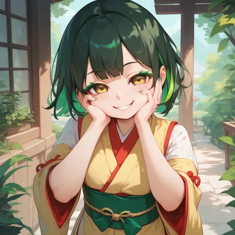 (masterpiece), best quality, loli, yellow miko outfit, green sash, green highlights, tousled short black hair, cute smile, yellow eyes, green eyeliner, standing, putting indexes on cheeks