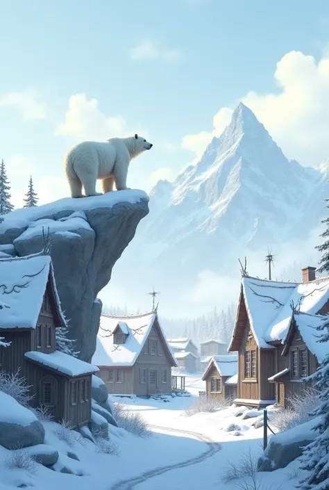  Isolated village at the North Pole , with lots of snow and in the background , on a rock,  a polar bear is watching 