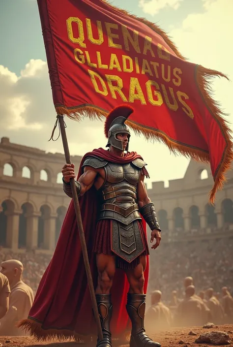 haute qualité, Ultra HD 8K, un gladiateur de l'époque romaine brandissant un drapeau avec marqué Quentinus gladiatus dragus dessus