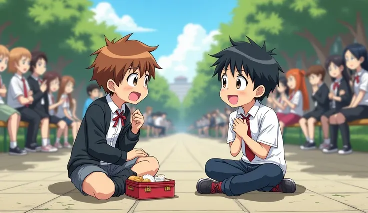 "An anime-style illustration of a lively schoolyard. Aryan, a  boy in a school uniform, looks at Arif with an expression of shocked disbelief, his empty lunchbox in hand. Arif, sitting next to him, has a comically innocent expression, one hand over his hea...