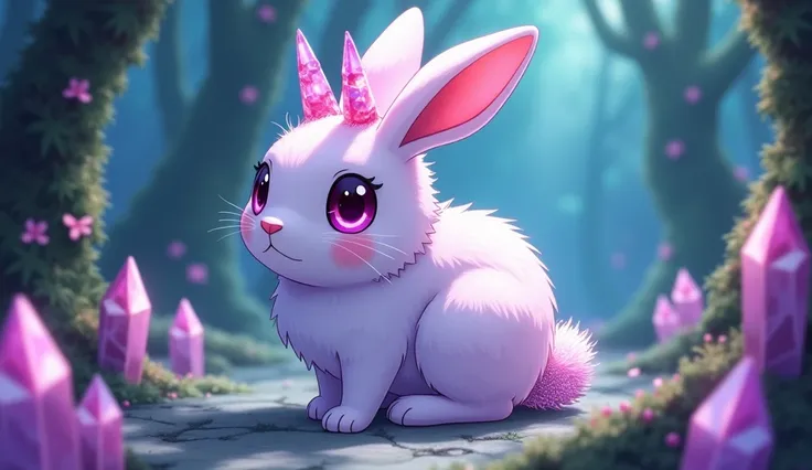 In a crystal forest.  1 creature Fluffy rabbit body covered in crystalline rainbow-reflecting fur, 2 pink crystal horns,  large shiny amethyst eyes ,  and a tail of crystals with sparkles. style:  cute proportions , big eyes, cartoon Ghibli realistic and d...