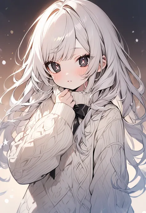 solo, beauty, 1 girl, long hair, messy bangs hairstyle,white color hair, black eyes with X pupils, wearing cream warm knit sweater with a botton bow