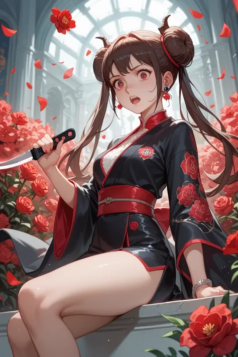 Neon woman,  Cruel expression , Shock-red eyes , Cabel Rosa,  Manga Vagabund style ,  obsidian neon threads , Small horn earphones, posture holding sickle ,  black kimono red flowers ,(Ultra-detailed ), Show legs.