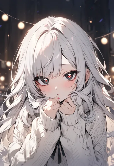 solo, beauty, 1 girl, long hair, messy bangs hairstyle,white color hair, black eyes with X pupils, wearing cream warm knit sweater with a botton bow