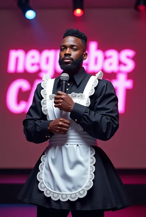 A black man with thick lips, a beard and a cute maid dress., He has a microphone in his hand in front of him it says NegueBas cast