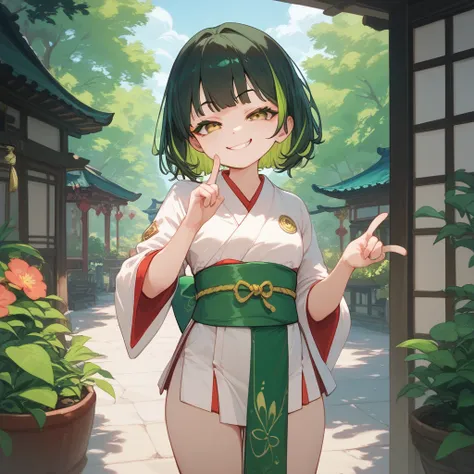 (masterpiece), best quality, loli, yellow miko outfit, green sash, green highlights, tousled short black hair, cute, smug, smiling, yellow eyes, green eyeliner, standing, putting index fingers horizontally on cheeks