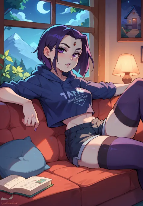 1girl, Raven,  Titans, sitting on a couch, hoodie, silk shorts, thigh highs, sexy pose, lustful, BREAK, night time, mountain cottage, cinematic lighting,