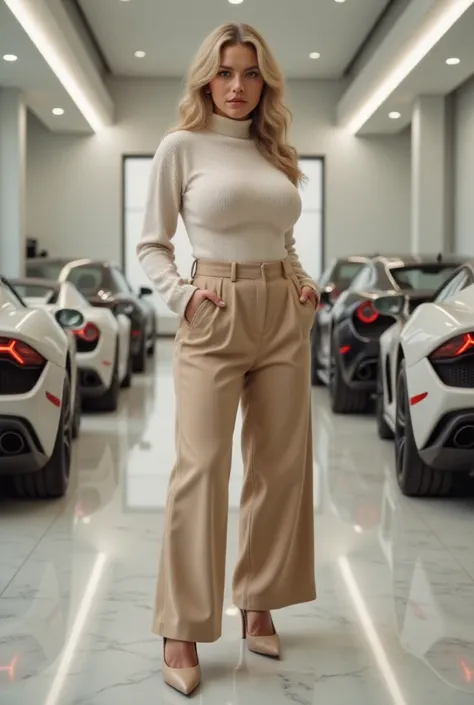  A beautiful mid 20s blonde girl with 38h cup size boobs wearing beige long wide pants, white turtleneck and beige heels. The background is a white marble garage with super cars 