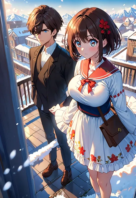 ( 1 girl: 1.3), (Anime Boy: 1.3), (Standing Together: 1.3), ( big eyes: 1.2), anime lolita splash art,  long haired blonde anime girl standing in front of a snowy city, (brunette Anime Boy with short hair: 1.5),   smooth anime cg art  , Animation Art Wallp...