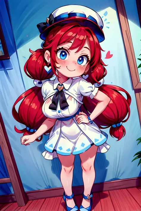 (masterpiece, best quality), 1girl, black and white dress, red hair, two ponytails, cute face, blue eyes, standing, indoor, intricate detail, sunlight, elegant hat, sexy pose, blue and white shoes, earrings, elegant hand watch, smile, blush, fall in love, ...