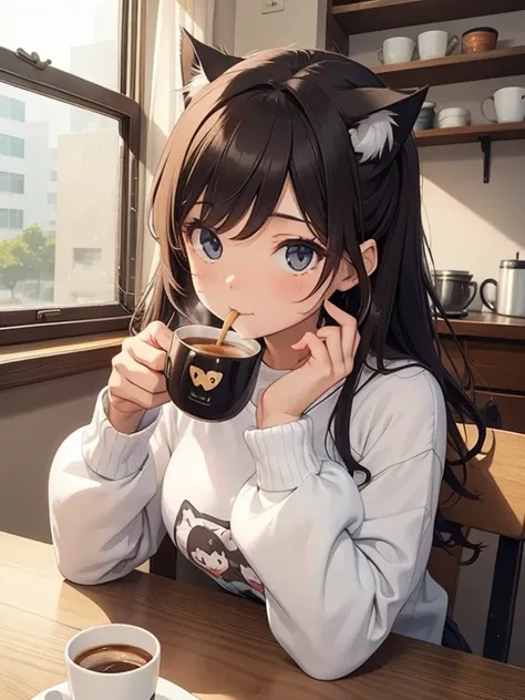 cute 20 year old cat anime girl drinking coffee