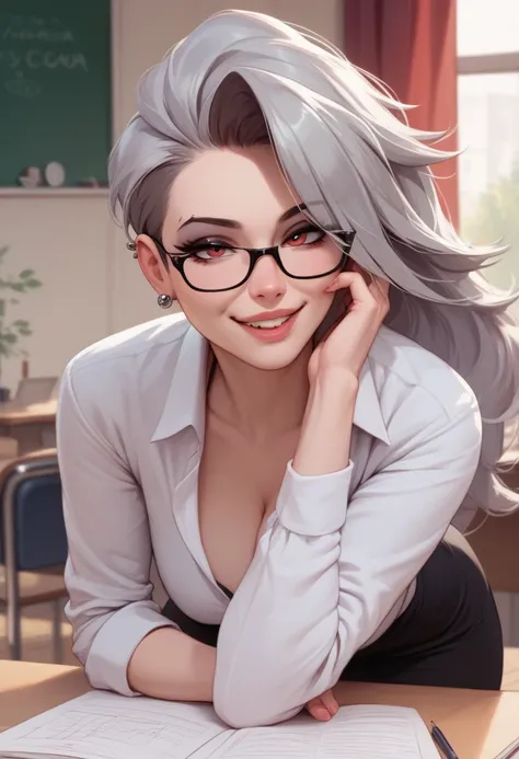 Loona teacher with glasses making a naughty face looking at me