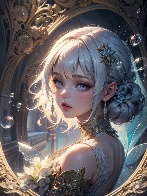  women in dresses are blowing bubbles , Reusch and Wow, Mysterious Bubbles , Moebius + Reusch + Wow,  dreamy details, intricate Wow,  Close-up fantasy water magic wearing a pure white wedding dress,  fairy tale artwork, Fairy tale painting, Anna Dittmann&#...