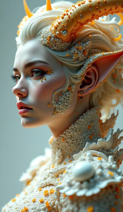 a woman (all the face and bodie) dressed in hyper intricate sophisticated demon attire, in the style of light gray and light gold, vibrant illustrations, intricately sculpted, realistic hyper-extremely detailed portraits, white and amber, queencore, depict...